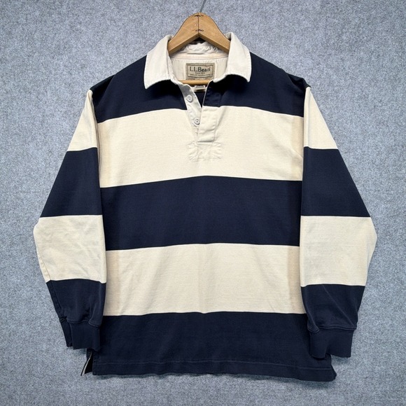 L.L. Bean Other - Vintage LL Bean Rugby Shirt Mens Medium Navy Blue Cream Striped Long Sleeve